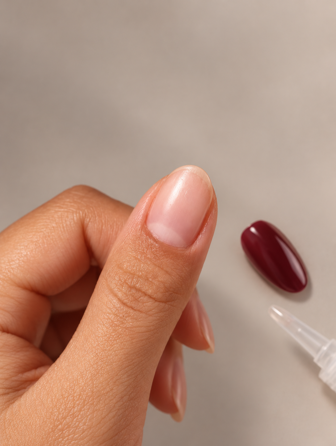 Short natural nail after Press-On Nail removal as part of the QuenGel removal experience