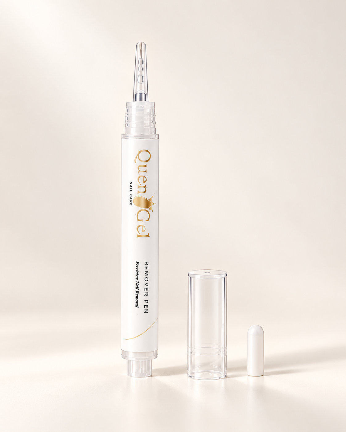 QuenGel Nail Remover Pen components including pen body, clear cap and protective insert