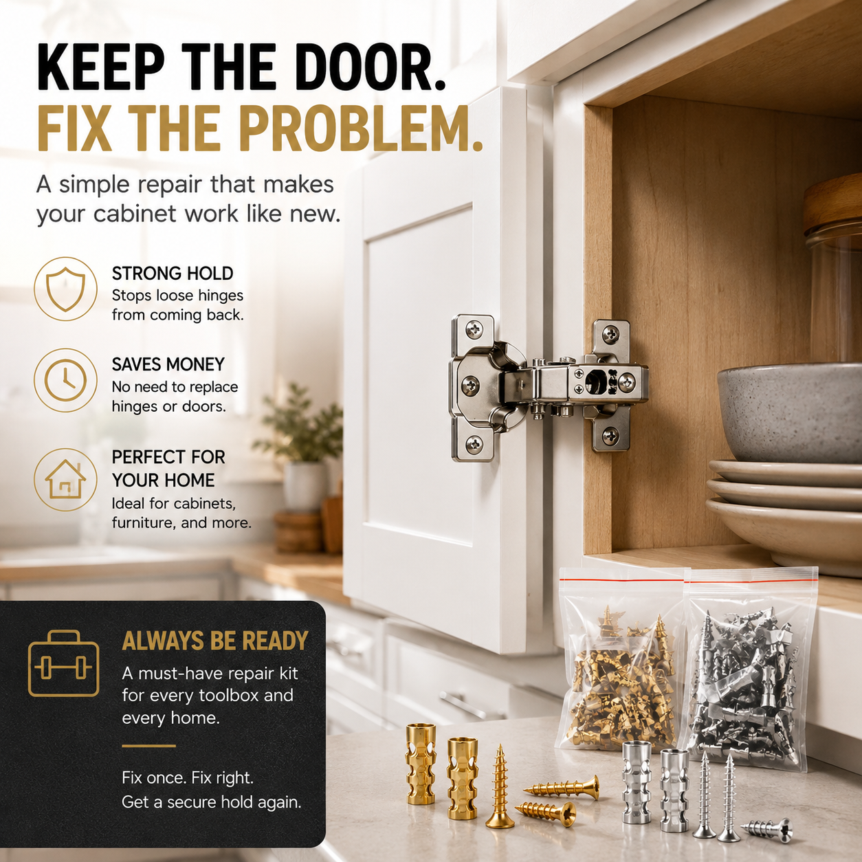 Secure repaired cabinet hinge in modern kitchen