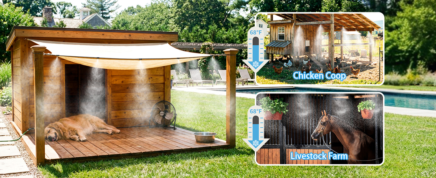 Pet cooling mist system for dog house, chicken coop, and livestock farm heat relief
