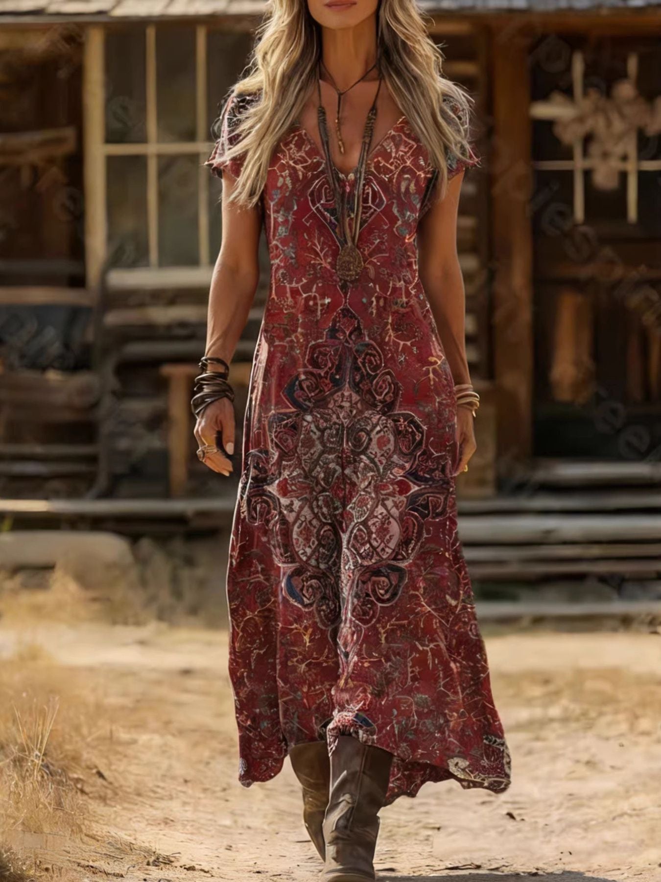 Printed V-Neck Short Sleeve Midi Dress