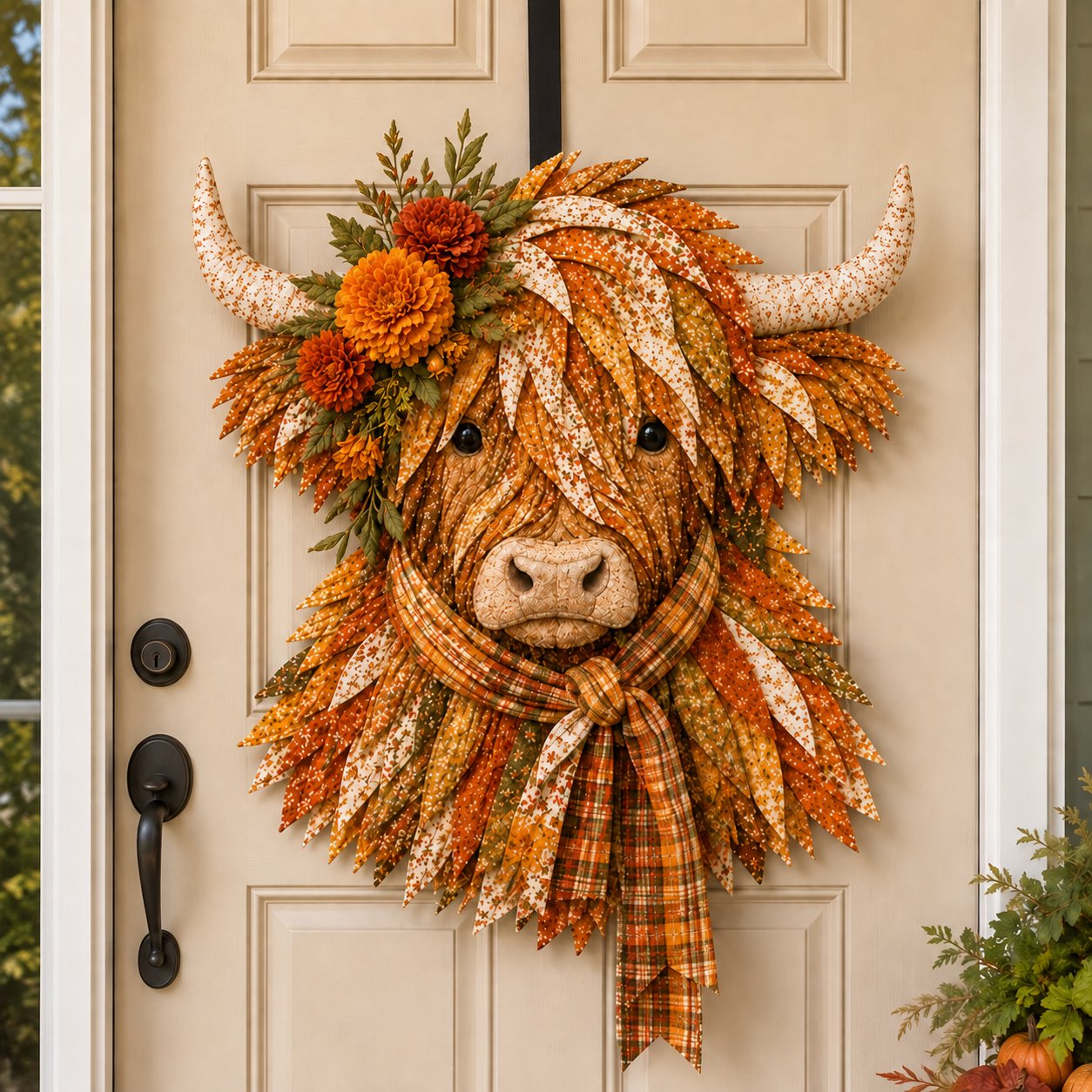 Handmade Highland cow fabric art displayed on a front door