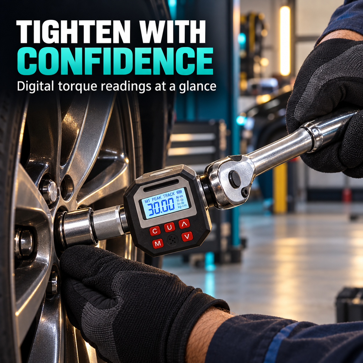 Digital torque adapter being used with a ratchet on a wheel fastener
