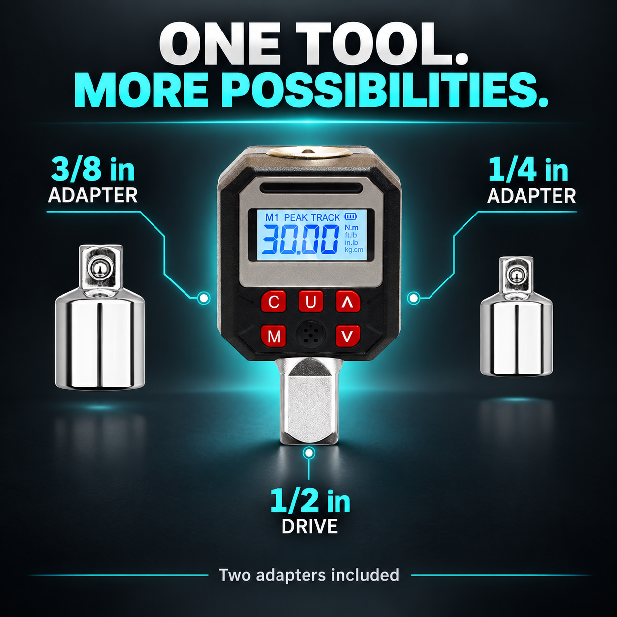 Digital torque adapter with 3/8-inch and 1/4-inch drive adapters