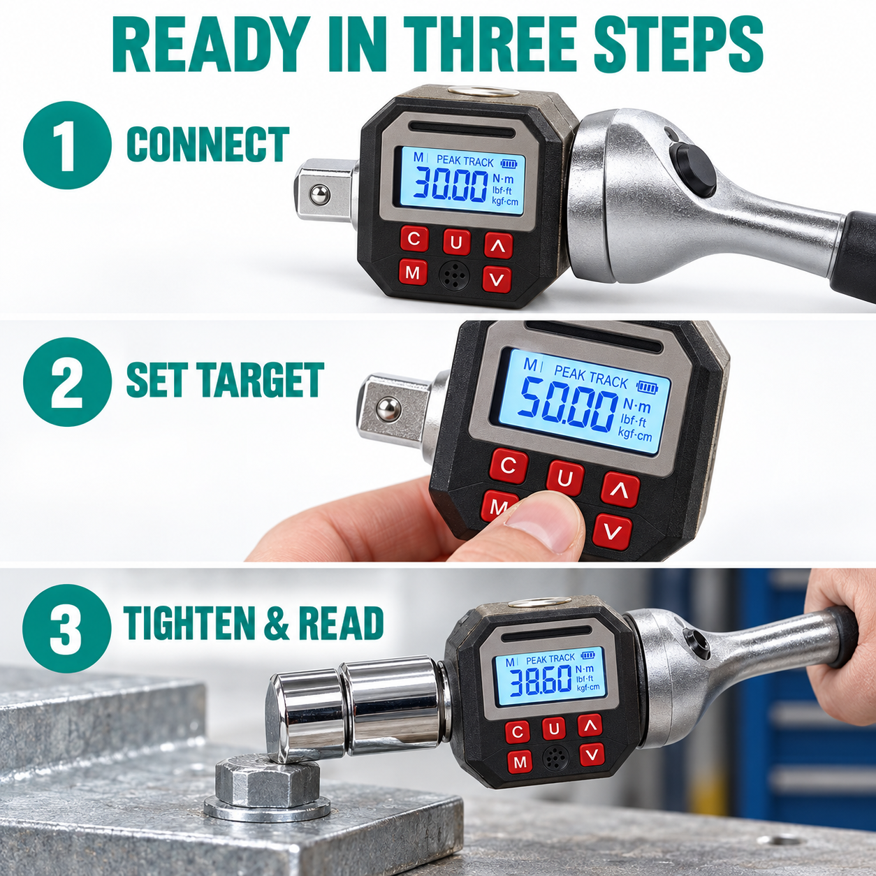 Three steps for using the digital torque adapter