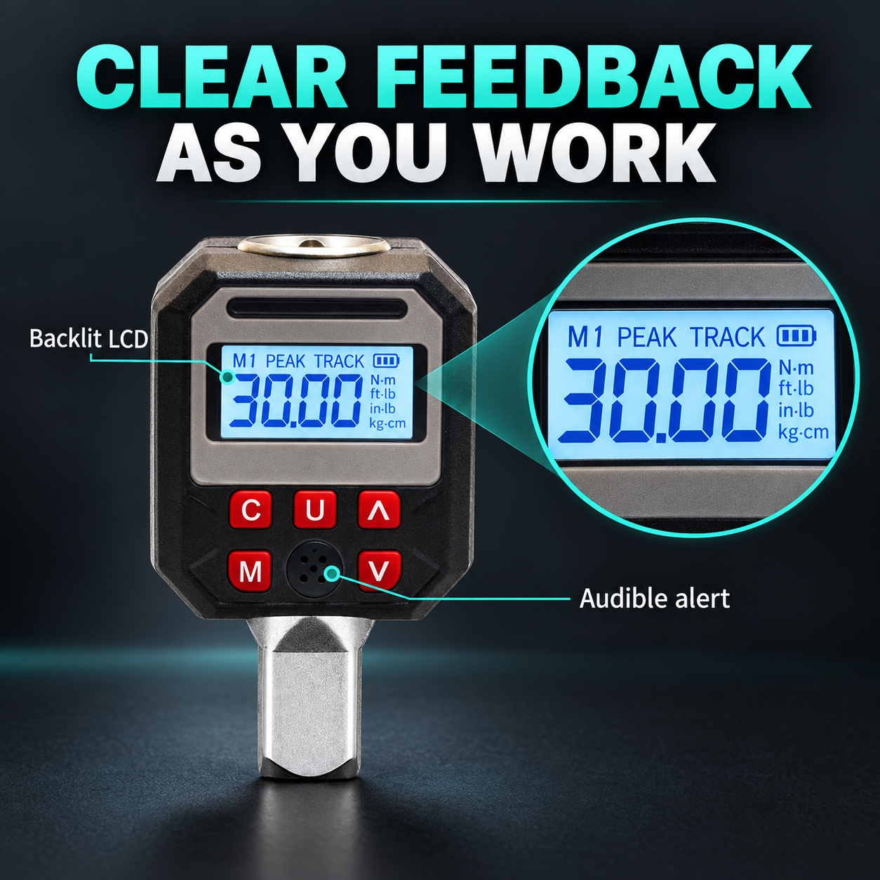 Backlit LCD screen and audible torque alert