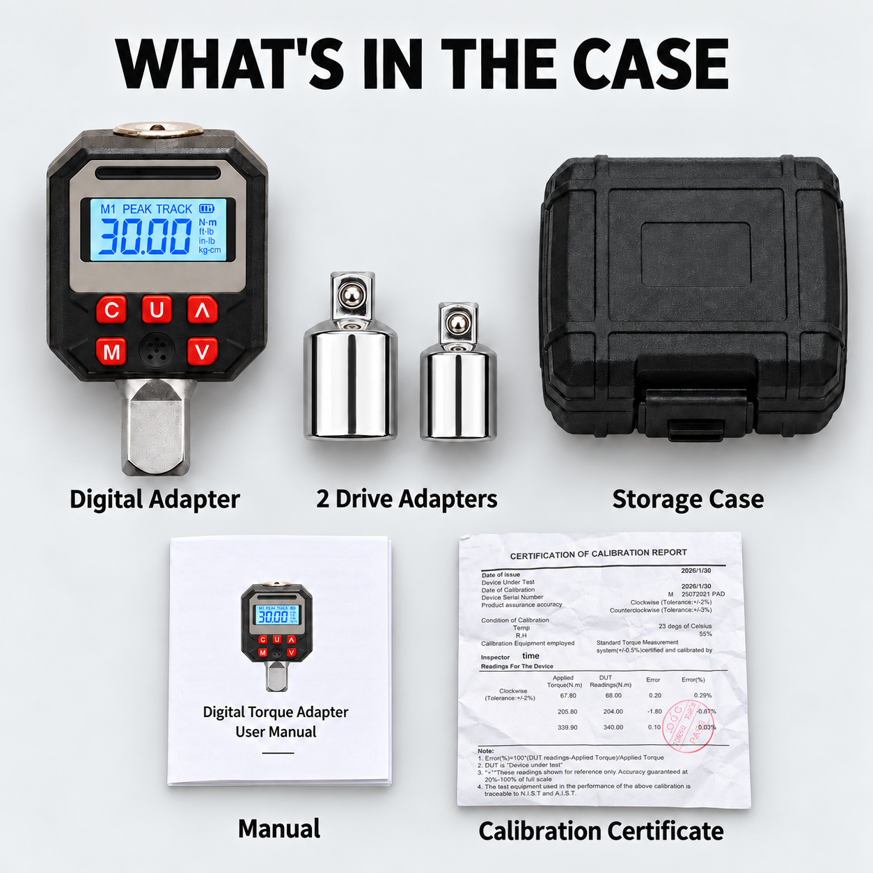 Digital torque adapter package contents with calibration certificate