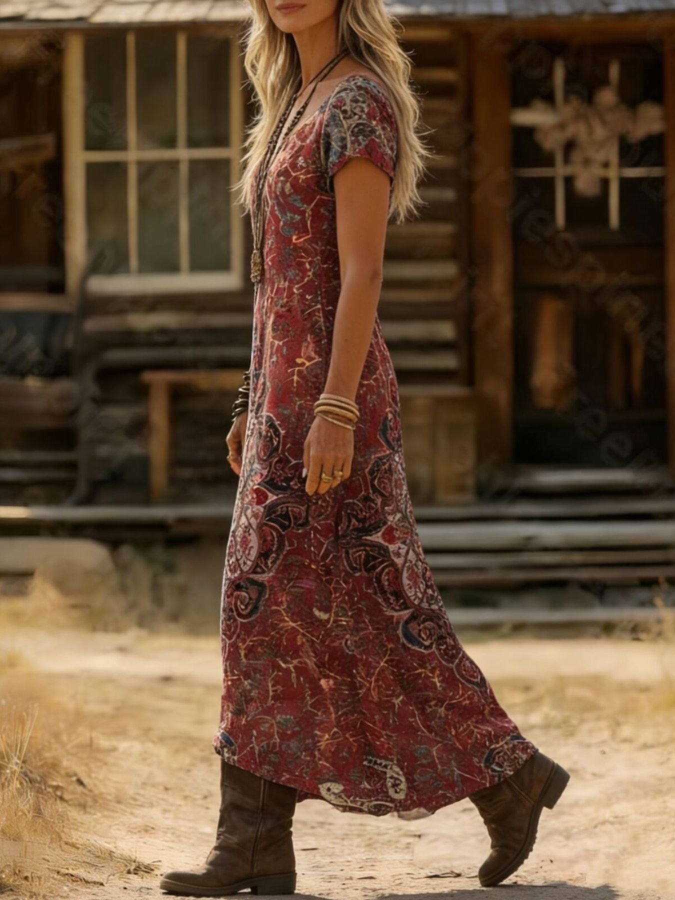 Printed V-Neck Short Sleeve Midi Dress