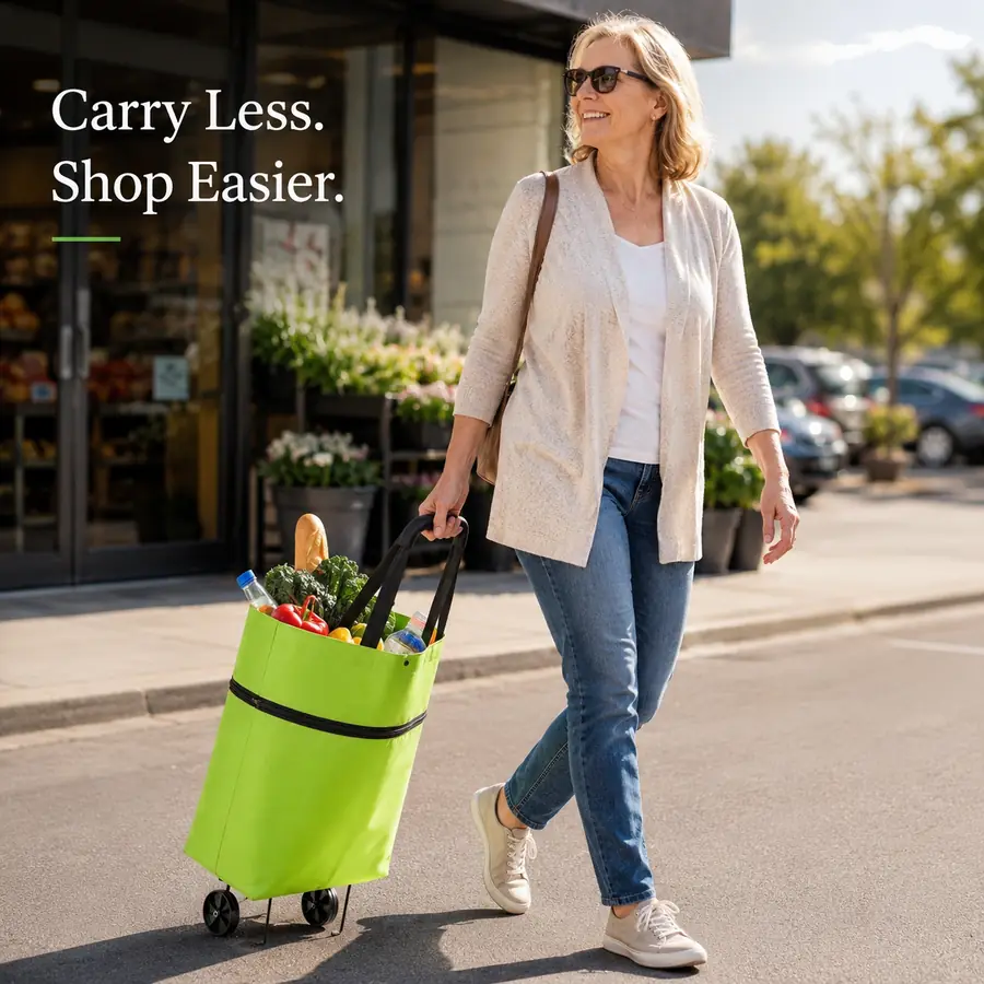 Woman pulling a 2-in-1 foldable shopping cart
