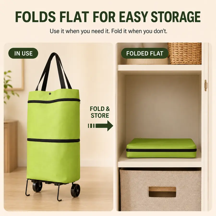 Foldable shopping cart folds flat for easy storage