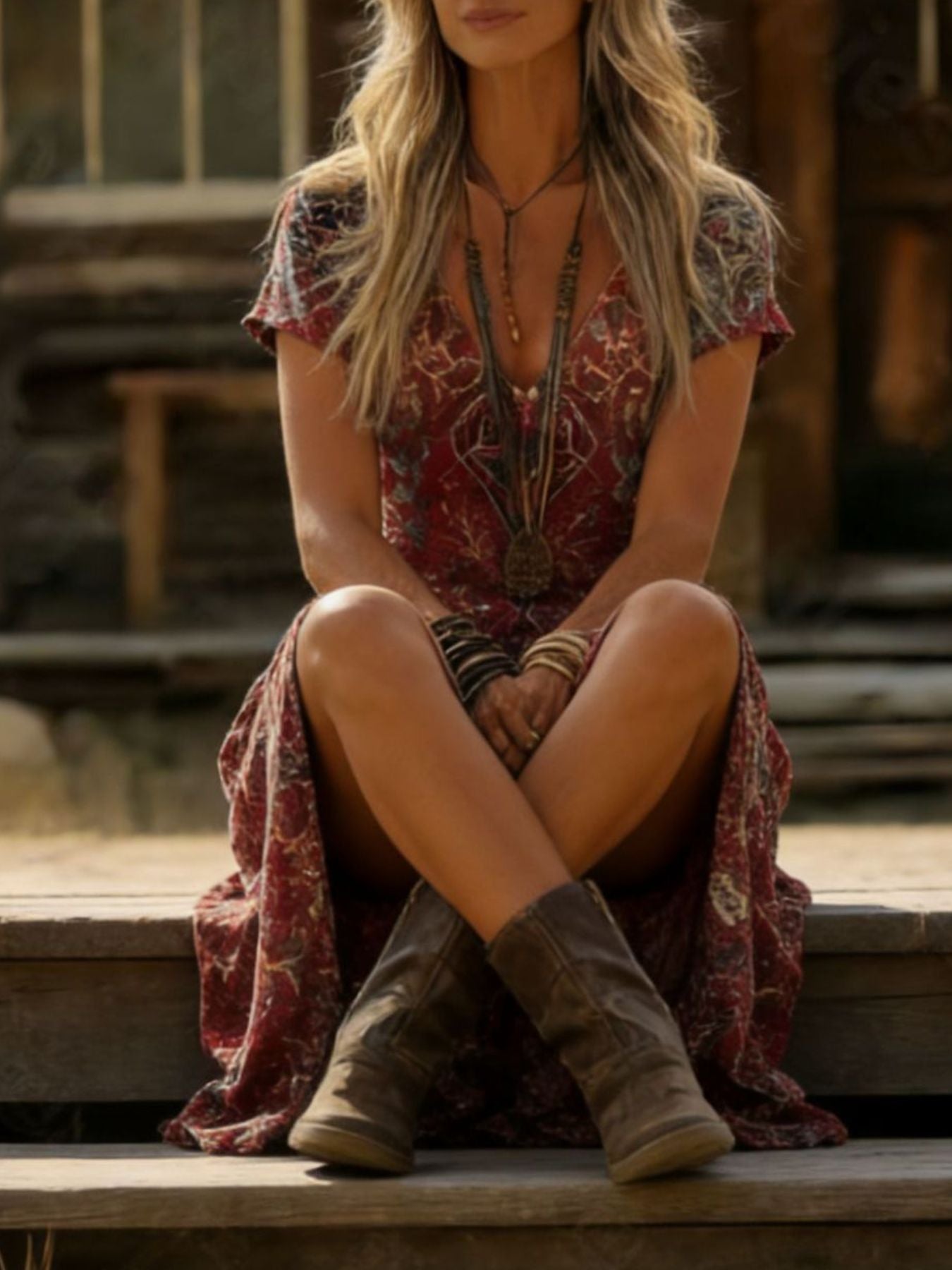 Printed V-Neck Short Sleeve Midi Dress