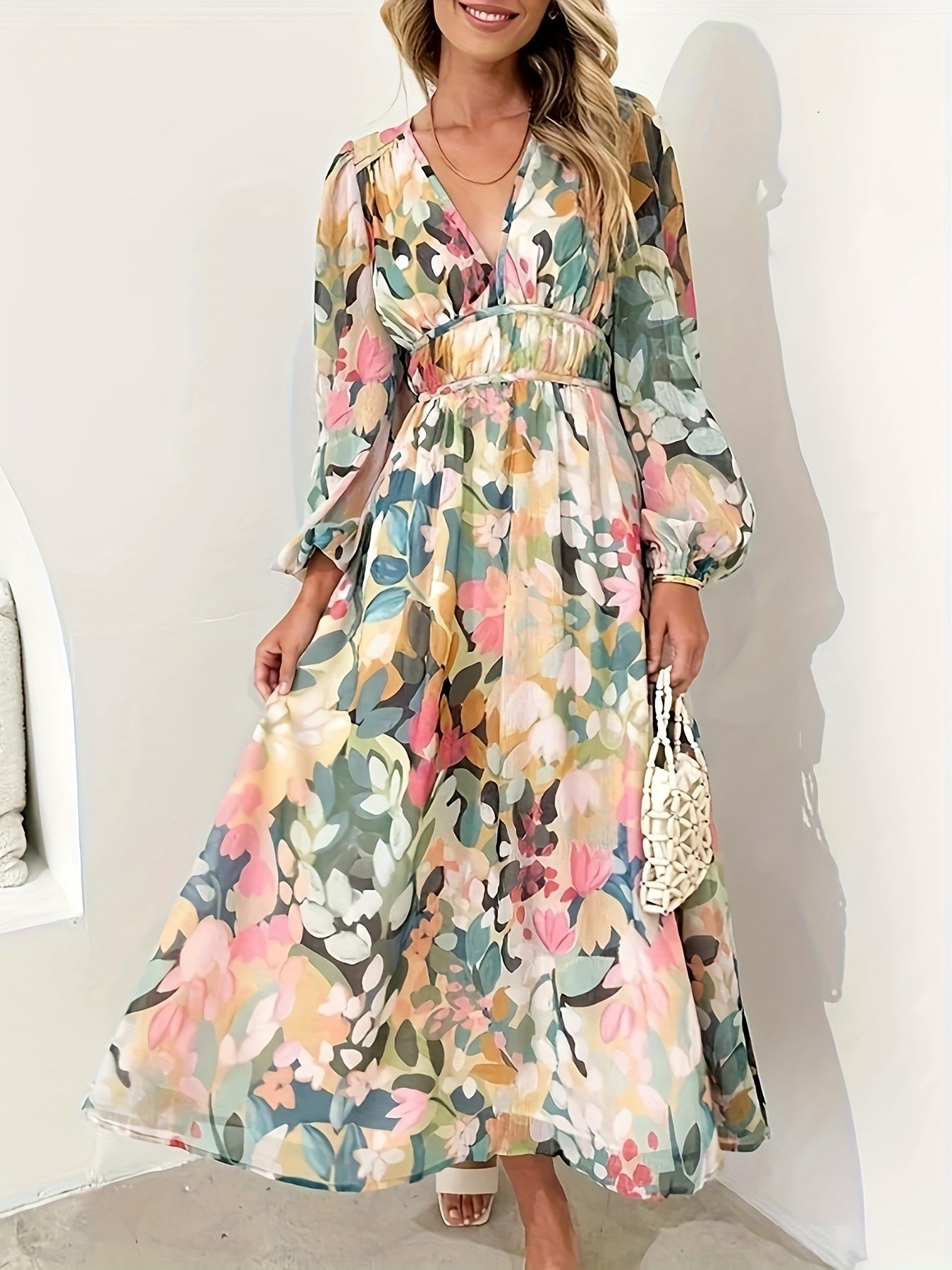 Floral Print Long Sleeve Midi Dress