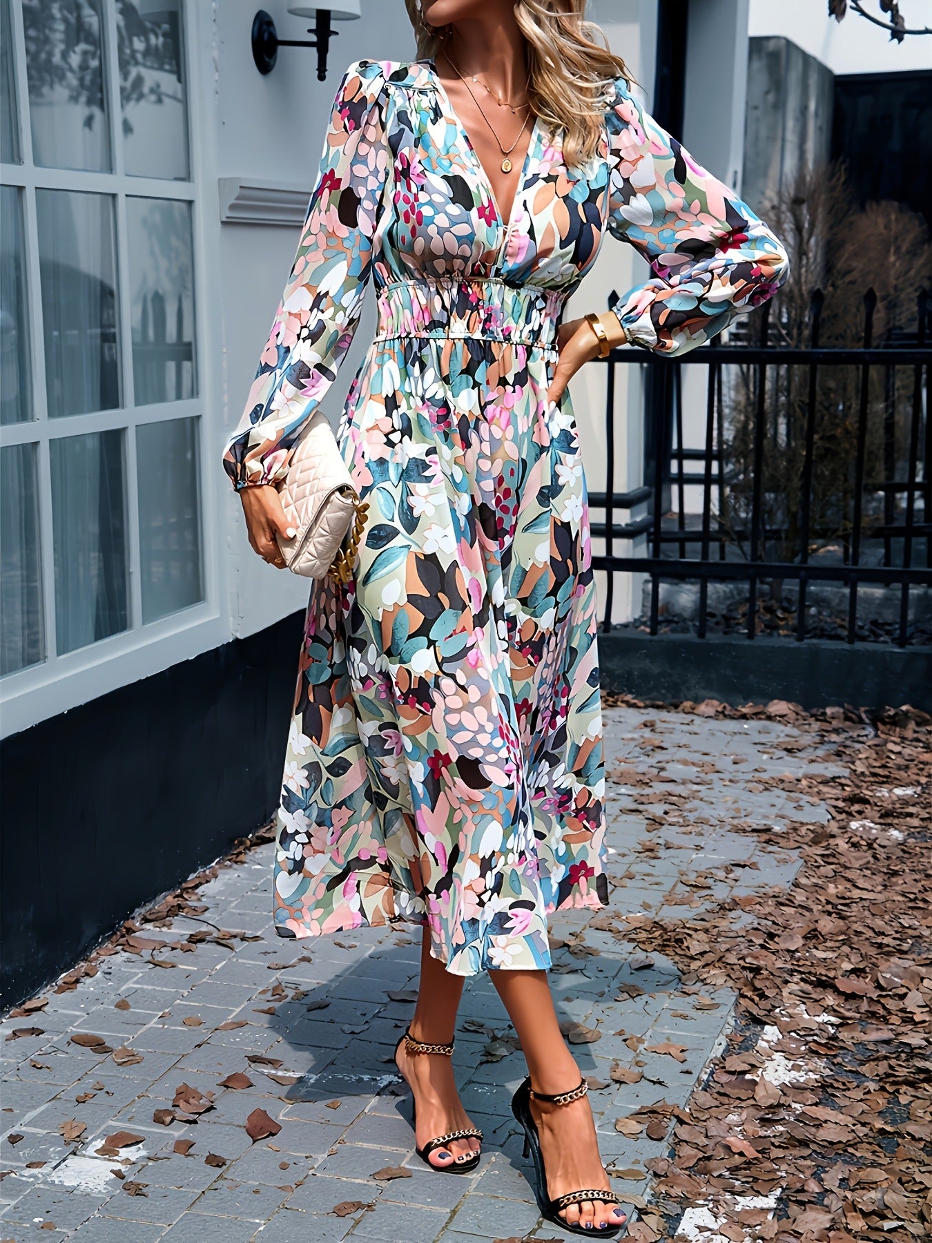 Floral Print Long Sleeve Midi Dress