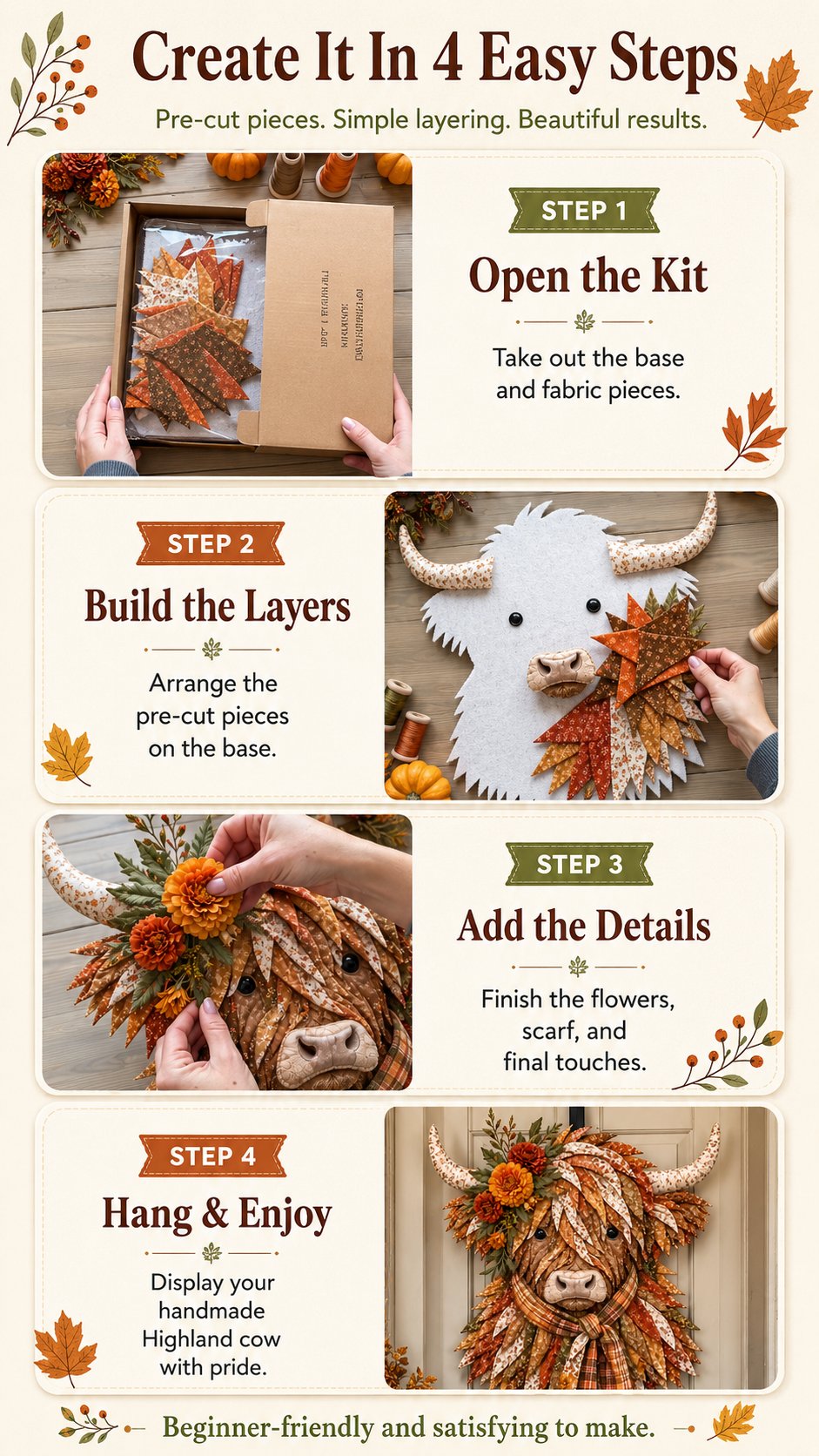 Four easy steps to make the Highland cow fabric art