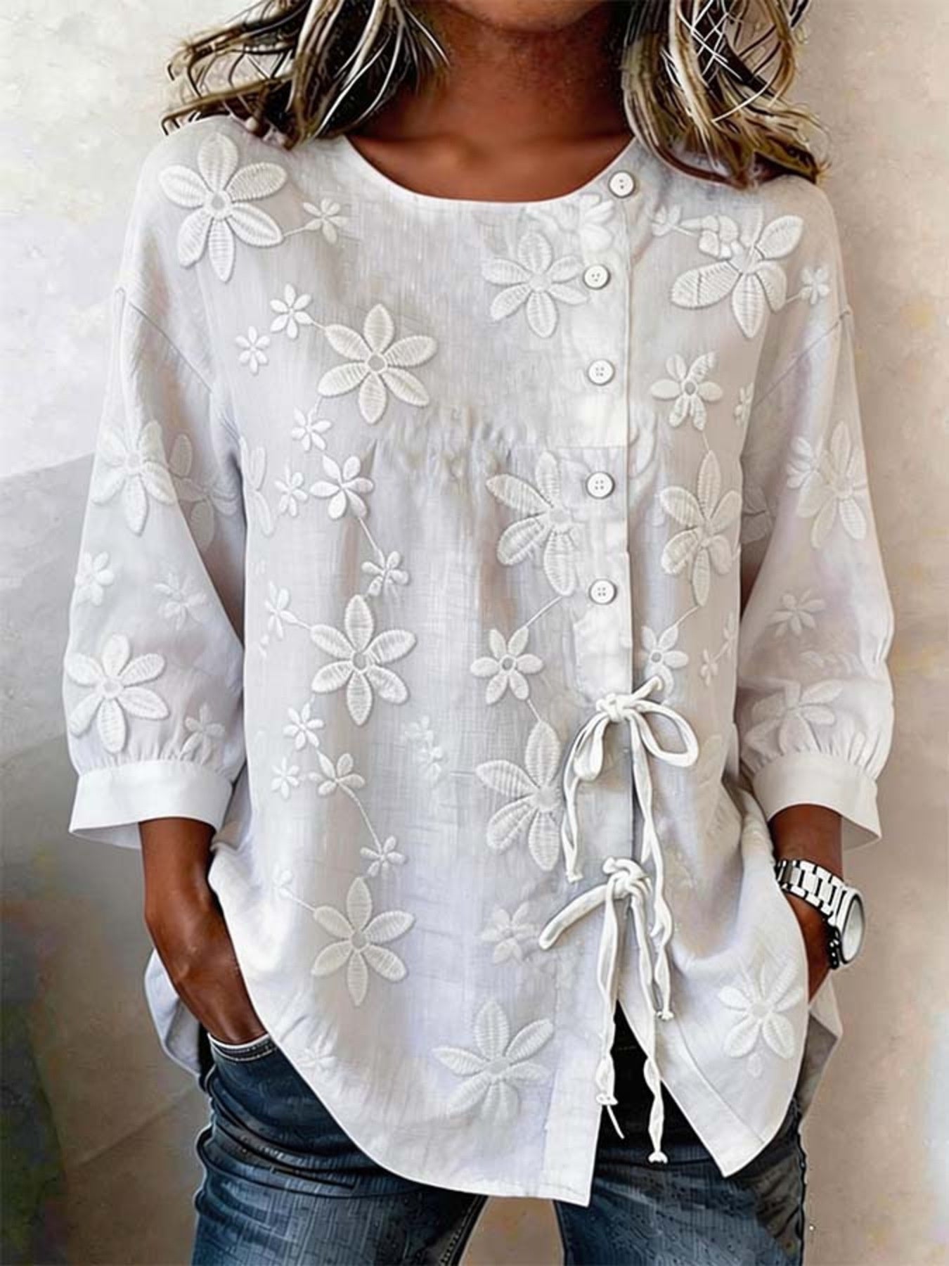 Full Size Floral Embroidered Button-Down Shirt Plus Size