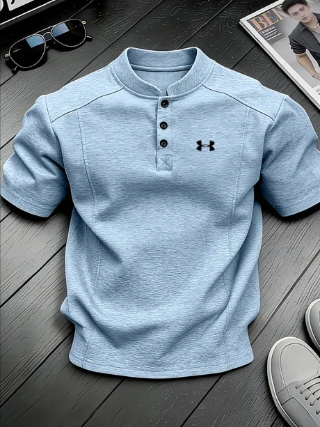 Men's Stand-up Collar Button-down Design Casual Short-sleeved Henley Shirt