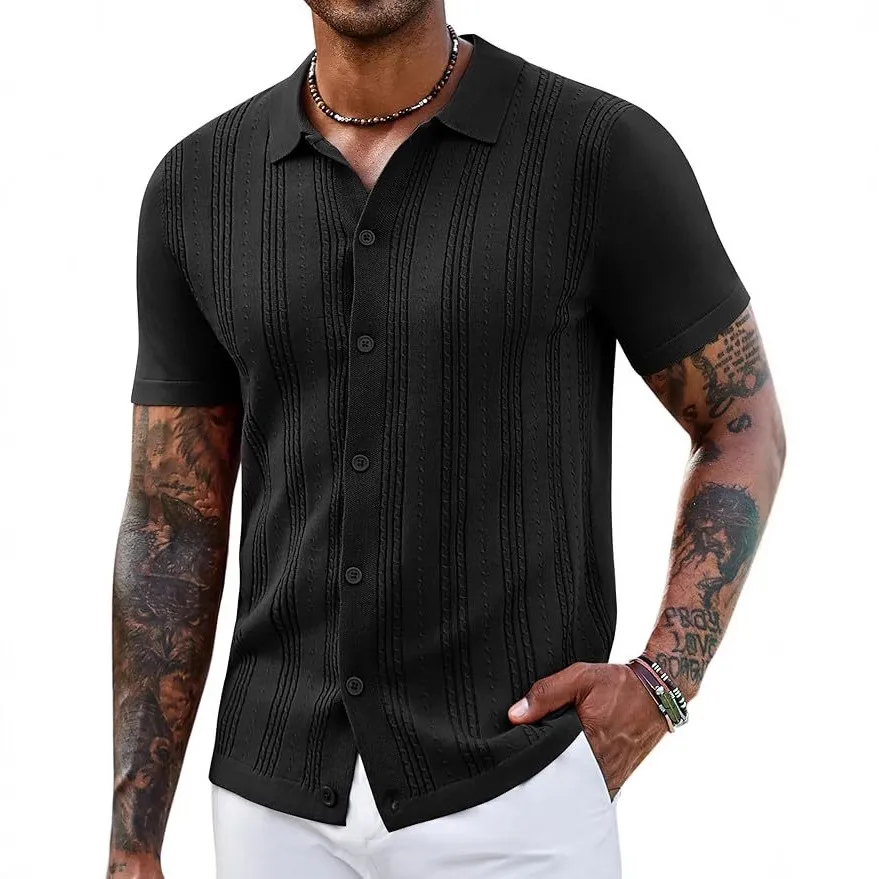 Men’s Striped Knit Hollow Polo Shirt