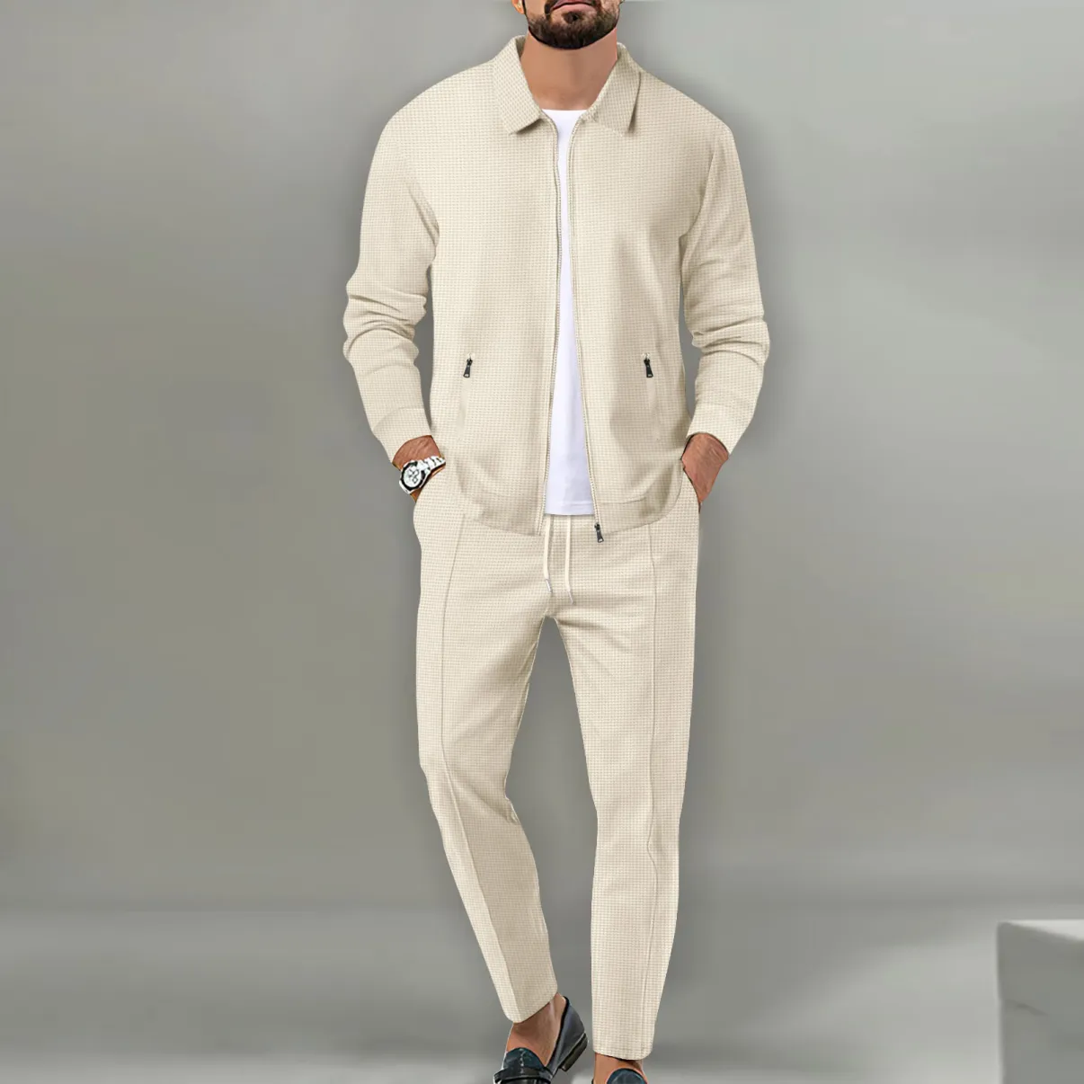 Men’s Waffle Knit Jacket Set – Slim Fit Zip-Up Cardigan with Pockets