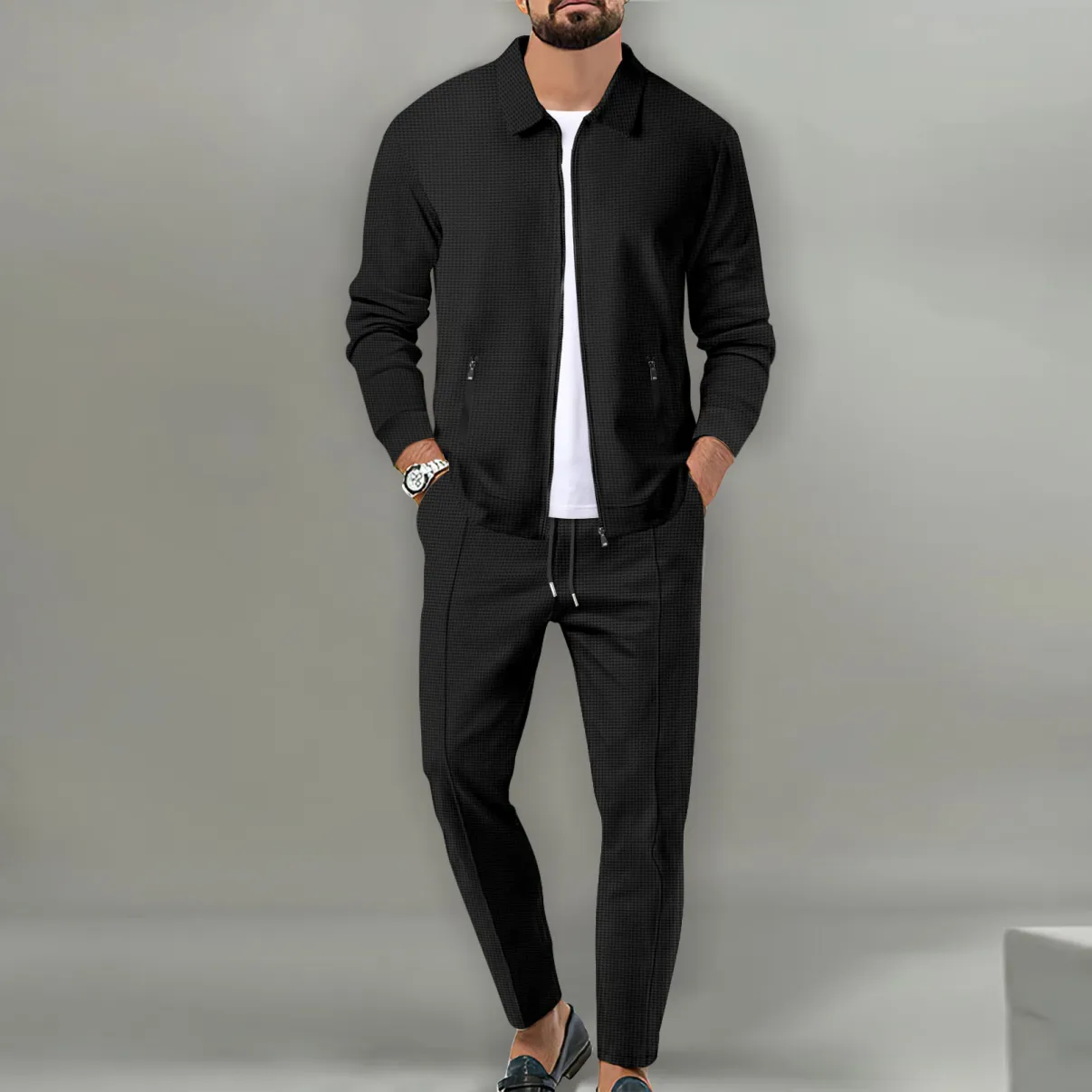 Men’s Waffle Knit Jacket Set – Slim Fit Zip-Up Cardigan with Pockets