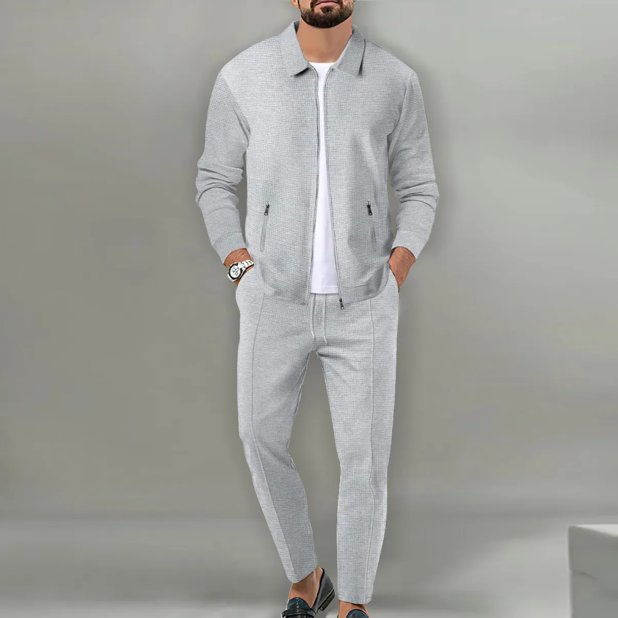 Men’s Waffle Knit Jacket Set – Slim Fit Zip-Up Cardigan with Pockets