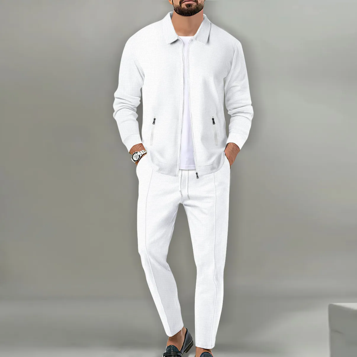 Men’s Waffle Knit Jacket Set – Slim Fit Zip-Up Cardigan with Pockets