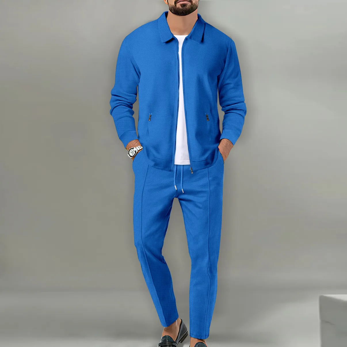 Men’s Waffle Knit Jacket Set – Slim Fit Zip-Up Cardigan with Pockets