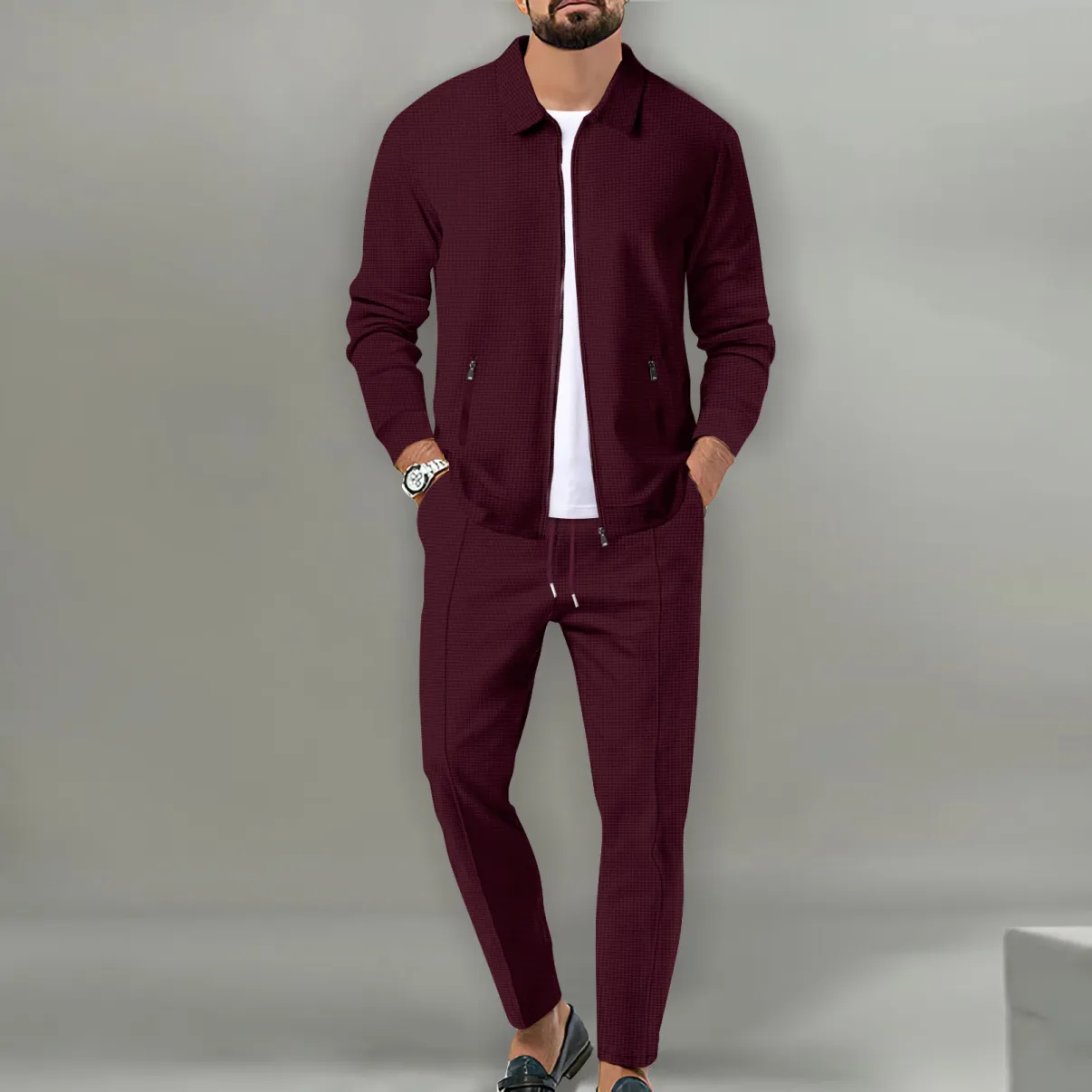 Men’s Waffle Knit Jacket Set – Slim Fit Zip-Up Cardigan with Pockets