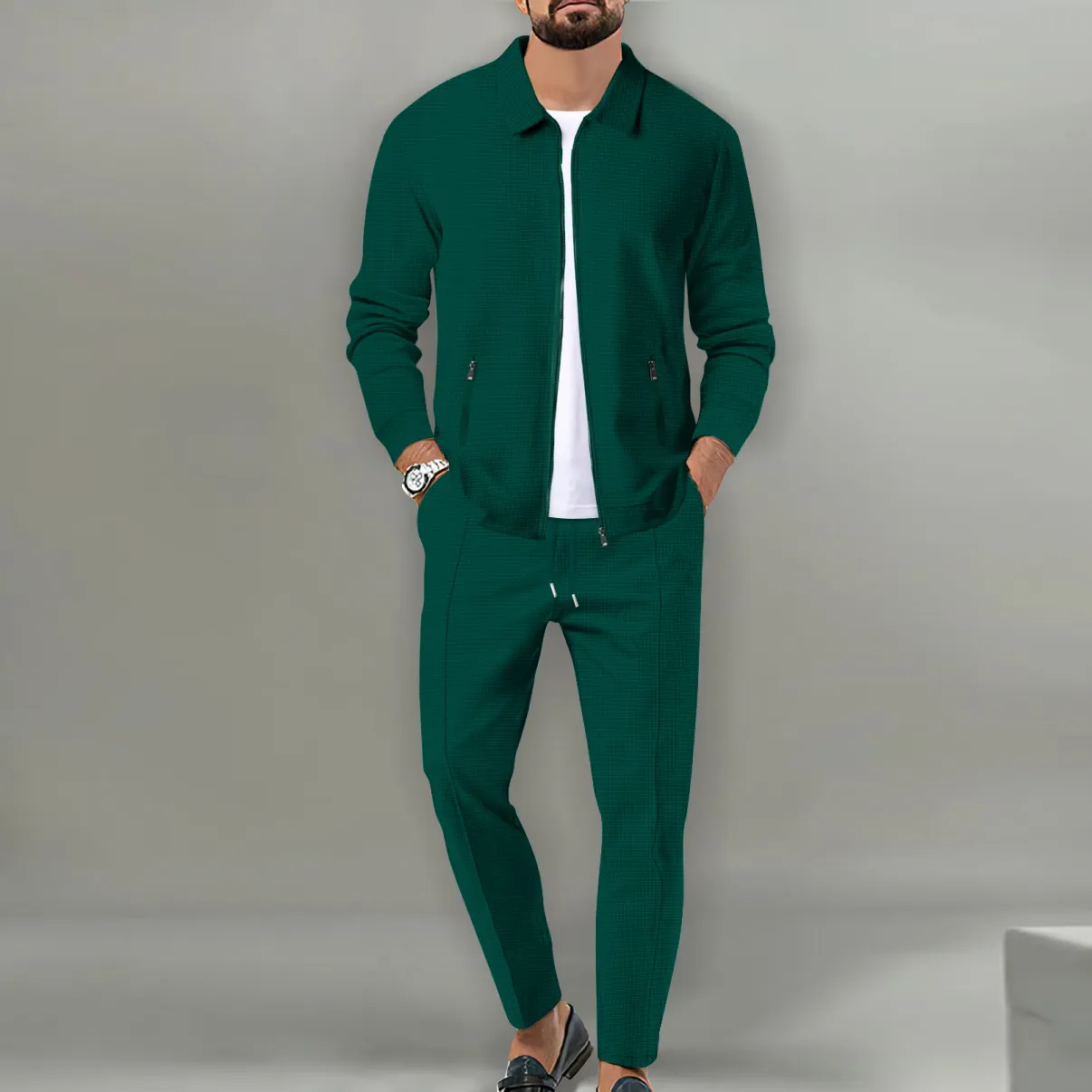 Men’s Waffle Knit Jacket Set – Slim Fit Zip-Up Cardigan with Pockets
