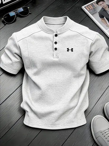 Men's Stand-up Collar Button-down Design Casual Short-sleeved Henley Shirt