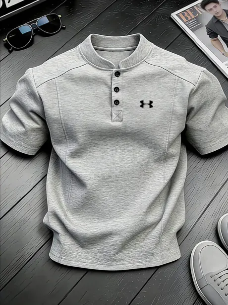 Men's Stand-up Collar Button-down Design Casual Short-sleeved Henley Shirt