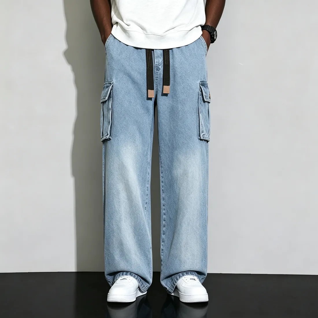 Men's Gradient Wash Wide-Leg Cargo Jeans - Elastic Waist Baggy Denim Pants with Drawstring