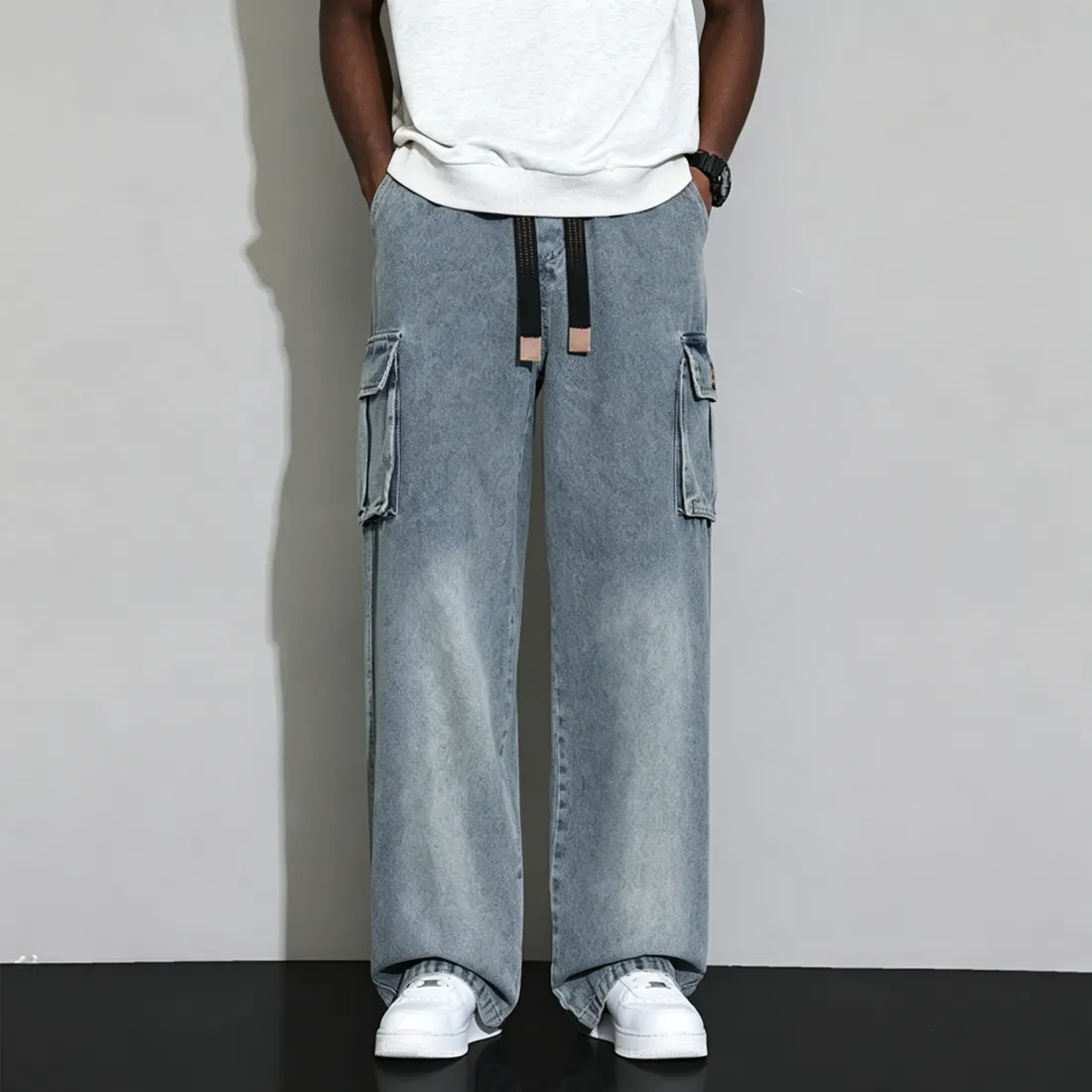 Men's Gradient Wash Wide-Leg Cargo Jeans - Elastic Waist Baggy Denim Pants with Drawstring