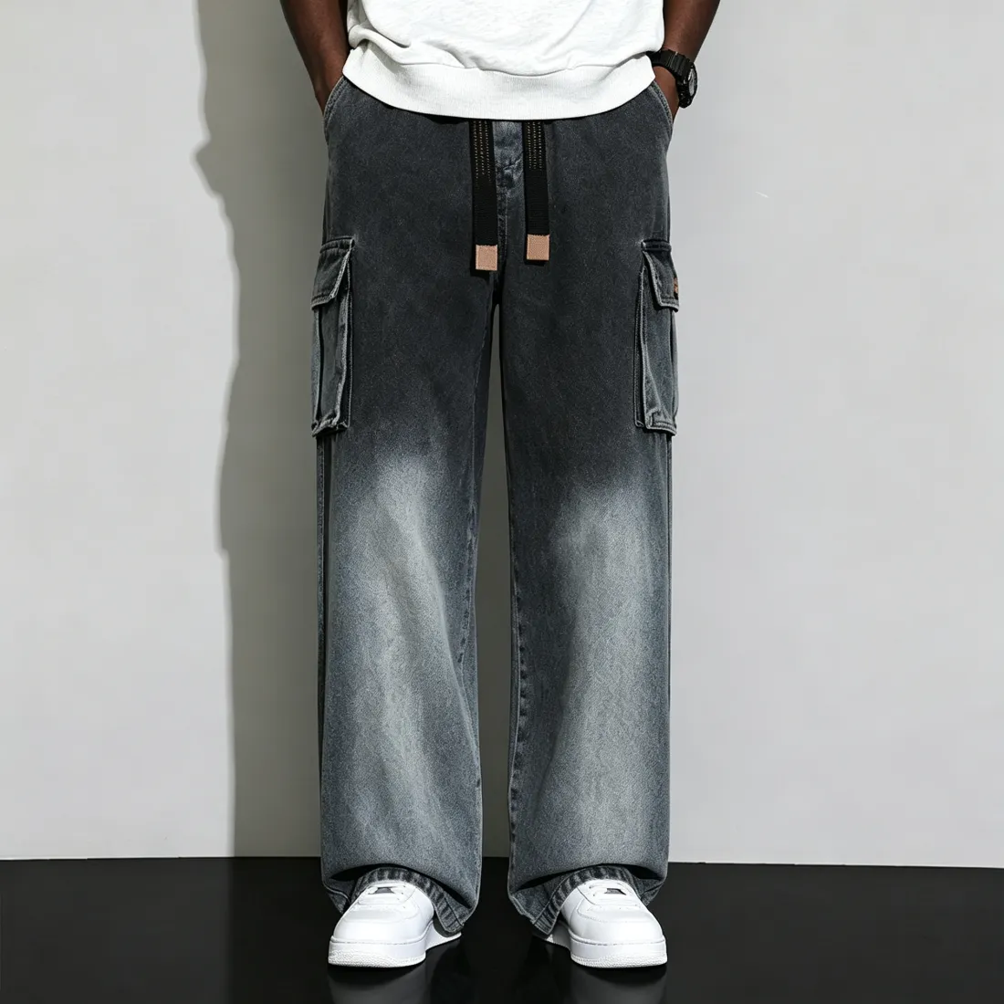 Men's Gradient Wash Wide-Leg Cargo Jeans - Elastic Waist Baggy Denim Pants with Drawstring