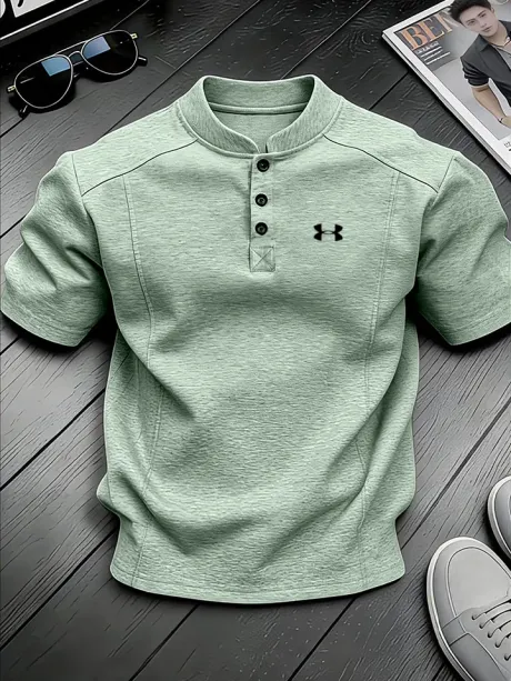 Men's Stand-up Collar Button-down Design Casual Short-sleeved Henley Shirt