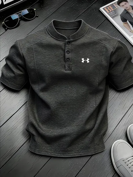 Men's Stand-up Collar Button-down Design Casual Short-sleeved Henley Shirt