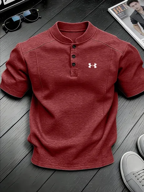 Men's Stand-up Collar Button-down Design Casual Short-sleeved Henley Shirt