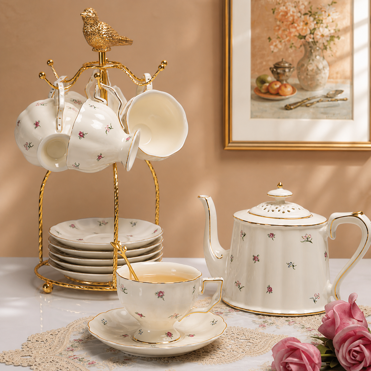 French Vintage Ceramic Coffee Set | Cup, Saucer & Teapot  os001