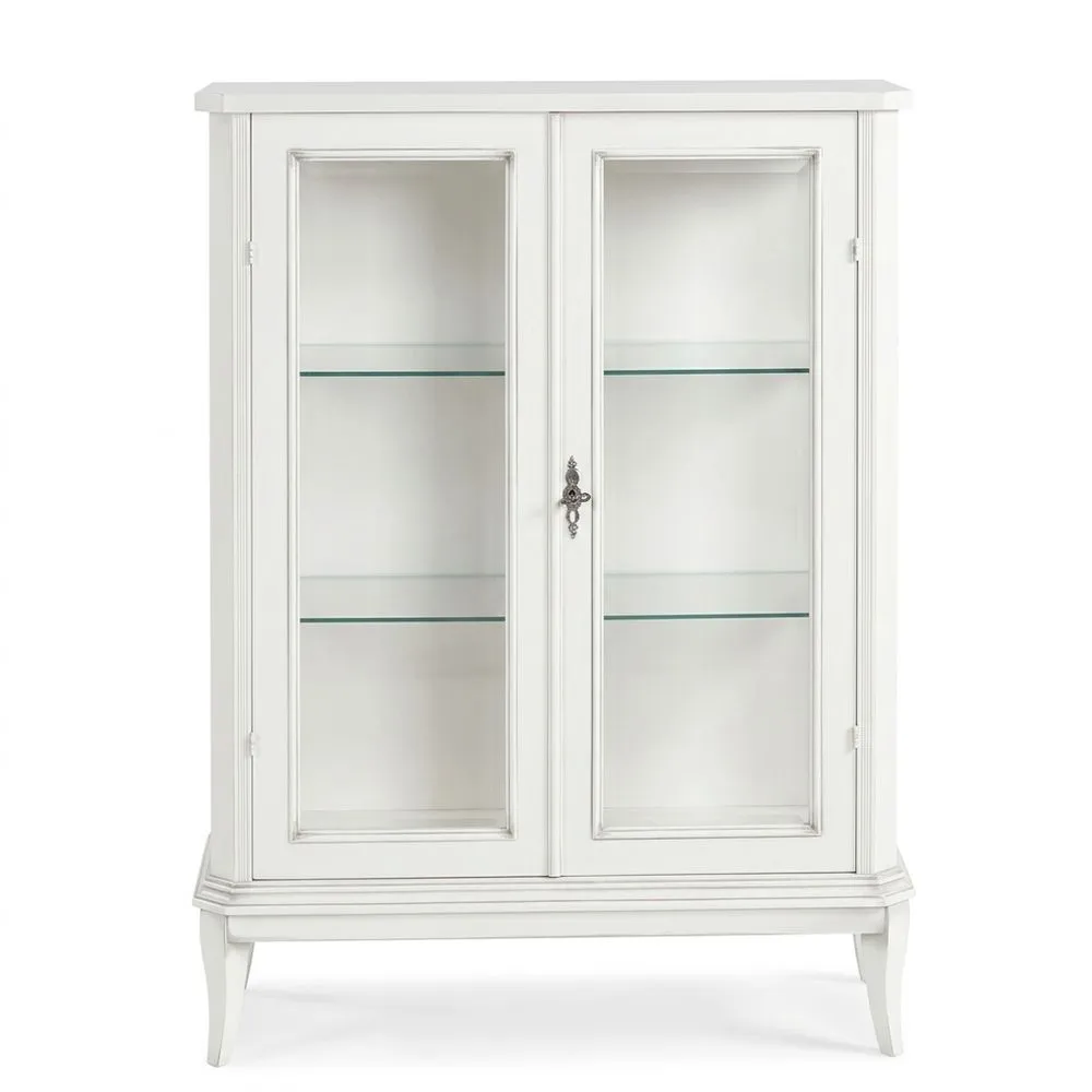 Armario pequeño y elegante para sala de estar en madera de álamo blanco mate con patas sables y puertas de cristal con cerradura-Selvorianez