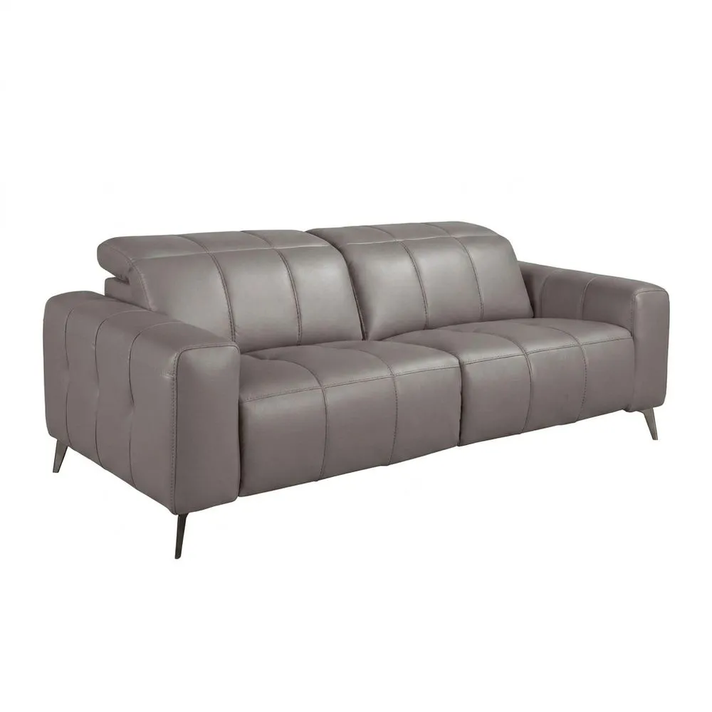 Sofá Relax 3 Plazas con Reposacabezas – Diseño Moderno con Sistema Eléctrico Doble – 216 x 110 x 98 cm – Cuero de Vacuno Gris y Patas de Acero Epoxi Negro-Selvorianez