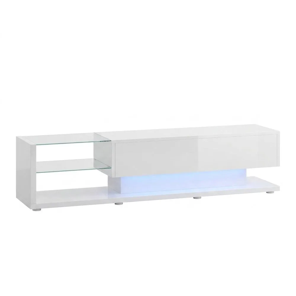 Mueble de TV Moderno con Iluminación LED, 2 Cajones y Estante de Vidrio, 170 cm, Blanco-Selvorianez