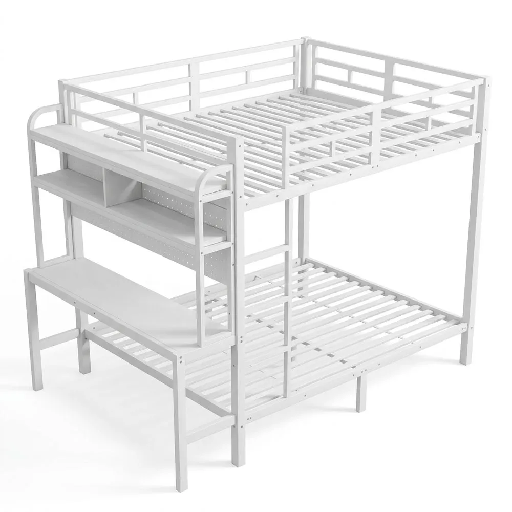 Cama Alta 140x200 cm con Luz LED y Puerto USB, Litera de Metal con Escritorio y Compartimento de Almacenaje-Selvorianez