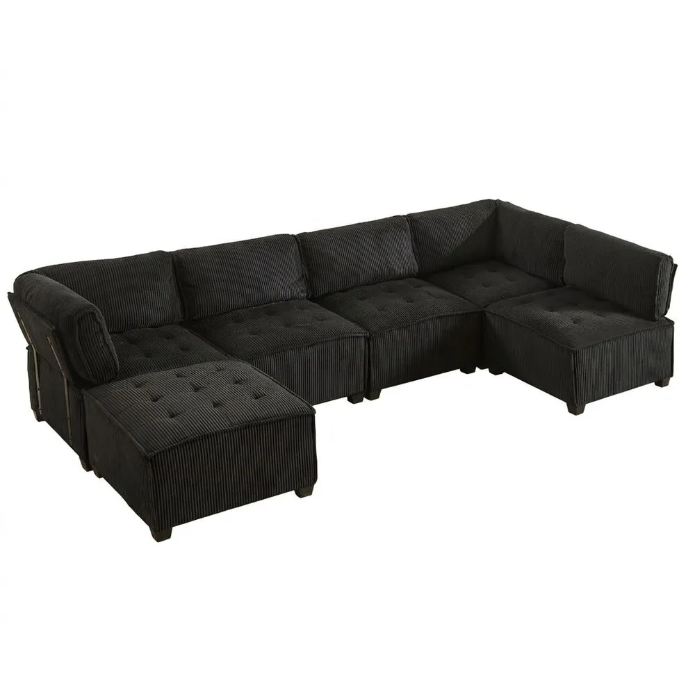 Sofá Seccional Ergonómico para 6 Personas con Bolsillos de Almacenamiento, Modular y Versátil para Sala de Estar, Tela Corderoy, Color Negro-Selvorianez