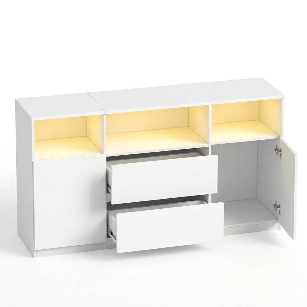 Mueble para TV hasta 65 Pulgadas con Luces LED, 2 Cajones, 2 Armarios y 3 Compartimentos-Selvorianez