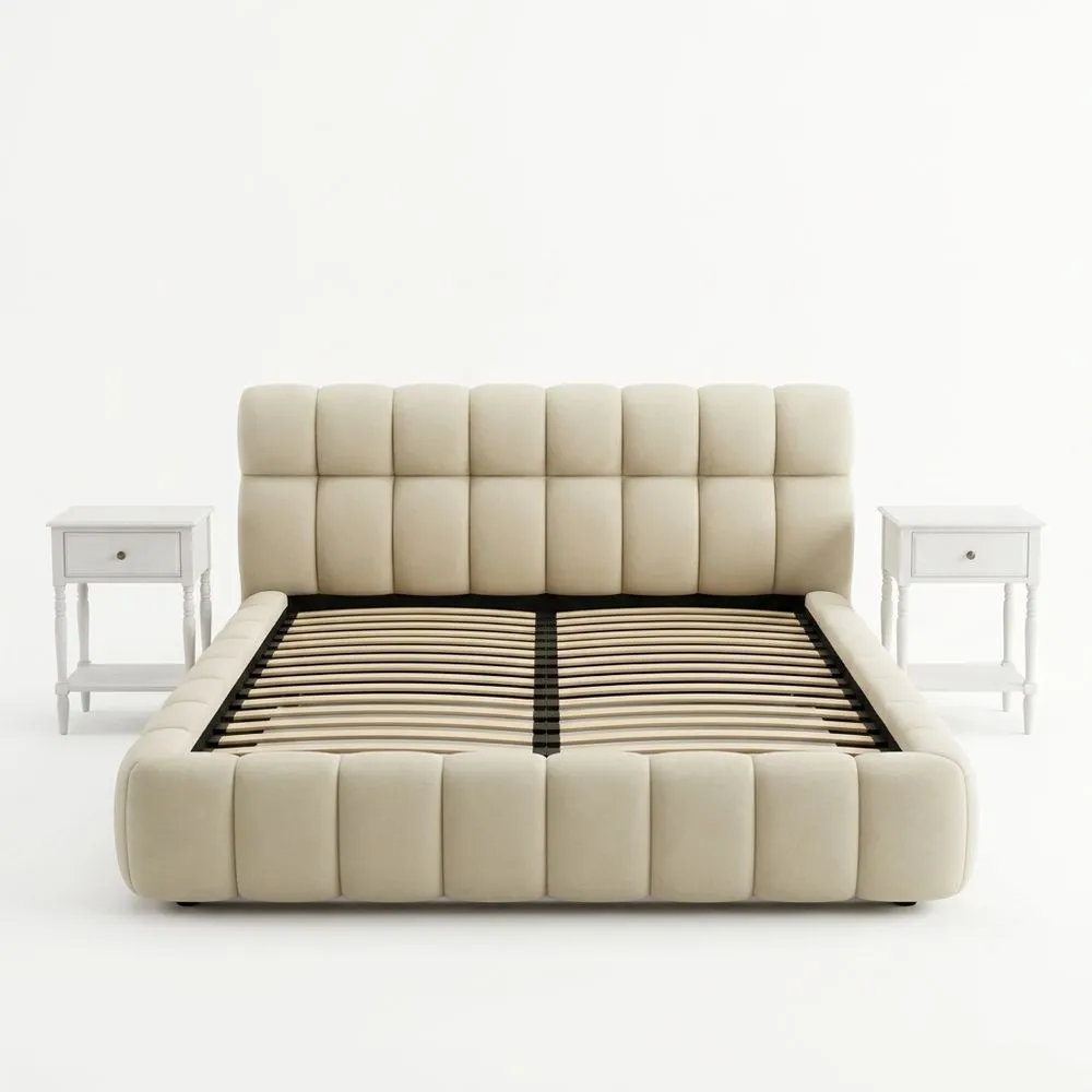 Cama doble tapizada 140 x 190 cm con cabecero acolchado y base de láminas, lino beige-Selvorianez