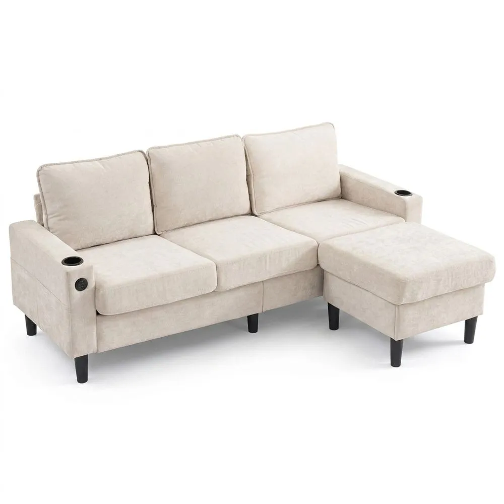 Sofá Rinconero Moderno de Tela Lino con Puerto USB, Portavasos y Asientos Acogedores-Selvorianez