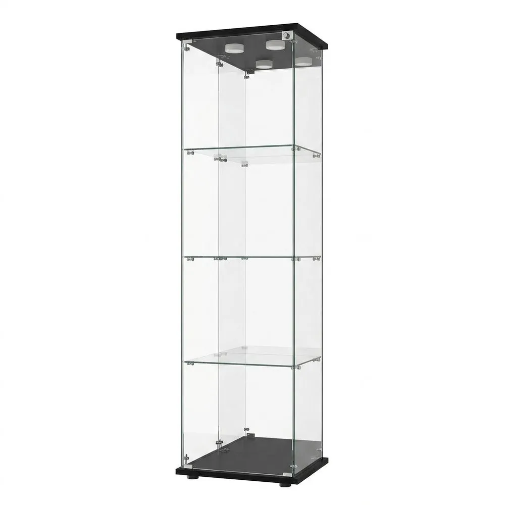 Vitrina de Cristal con LED 164 x 42.5 x 36.5 cm, para Coleccionistas con 4 Estantes y Puerta con Cerradura y Espejo Posterior-Selvorianez