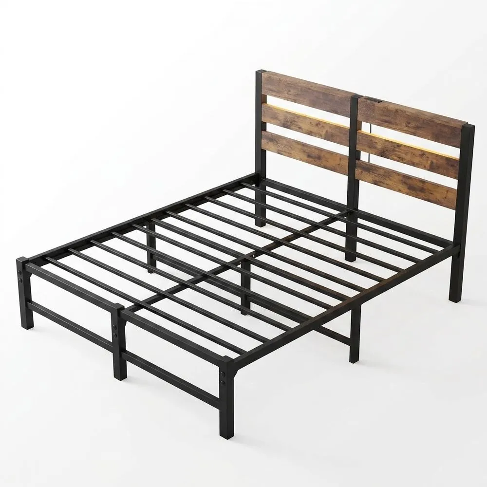 Cama Doble de Metal 135x190cm con Estación de Carga y Luces LED-Selvorianez