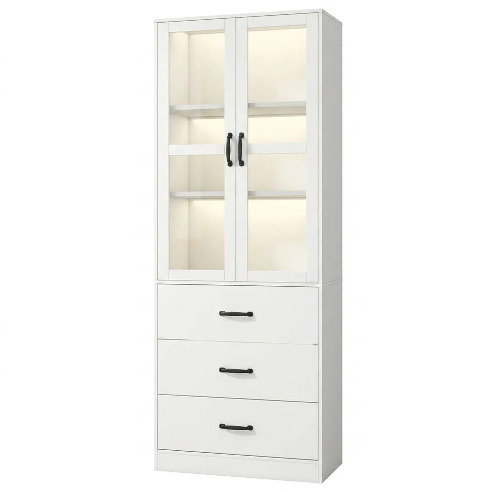 Vitrina de Cristal Blanca con 2 Puertas de Vidrio y 3 Cajones para Salón Moderno-Selvorianez