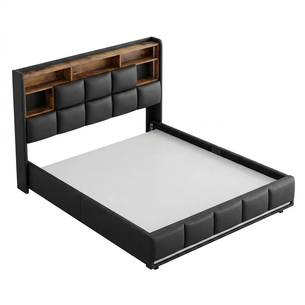 Cama Doble Acolchada 140 x 200 cm con Almacenamiento Hidráulico y LED-Selvorianez