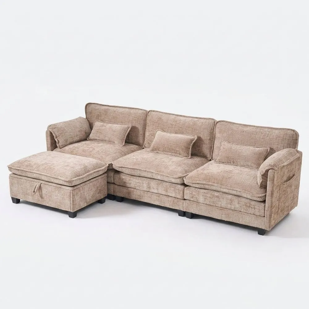 Sofá de 3 Plazas con Reposapiés y Espacio de Almacenamiento, Tela Chenille, Bolsillo Lateral-Selvorianez